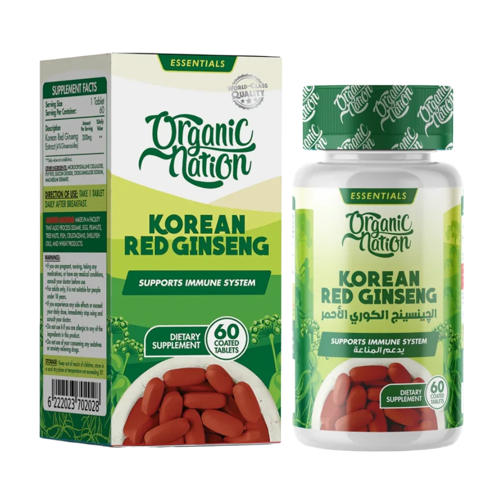 Organic-Nation-Red-korean-ginseng-60-Tablets-60-Servings الجينسنج الكوري الأحمر Korean Red Ginseng Red Ginseng Egypt جينسنج كوري مكمل الجينسنج الكوري Organic Nation Korean Ginseng Korean Ginseng Capsules Korean Ginseng Tablets Egypt جينسنج لزيادة الطاقة Korean Ginseng 4% Ginsenosides